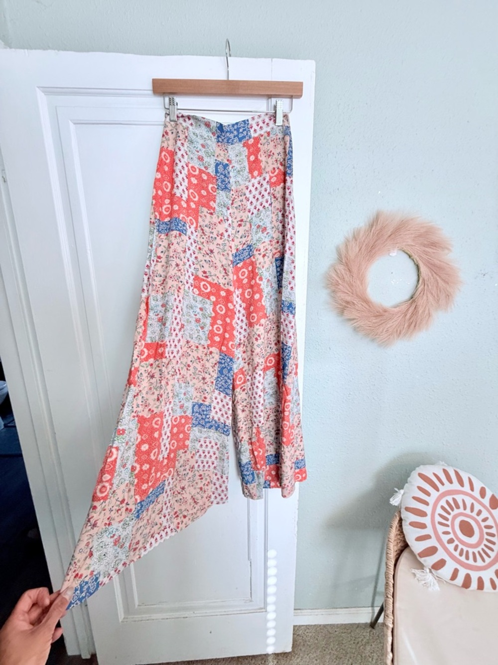 Patchwork Wide-Leg Skirt-Pant in Coral, Blue & Cream